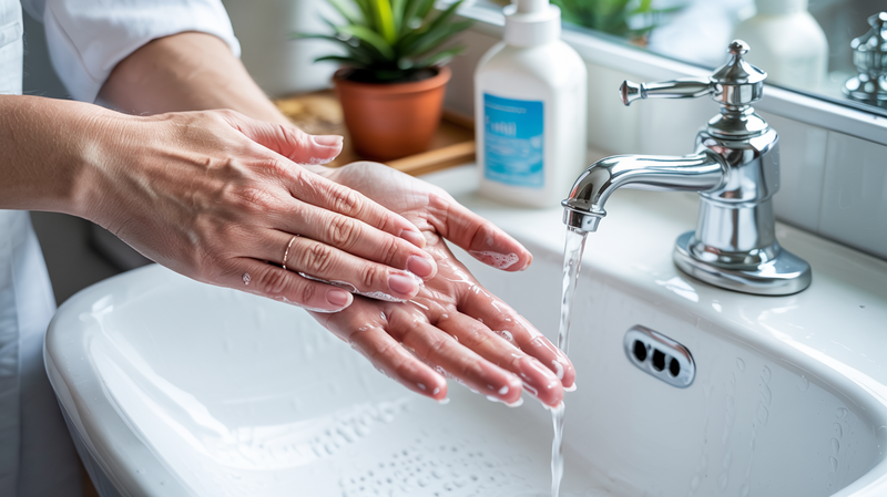 Pflegefachkraft führt korrekte Händedesinfektion durch