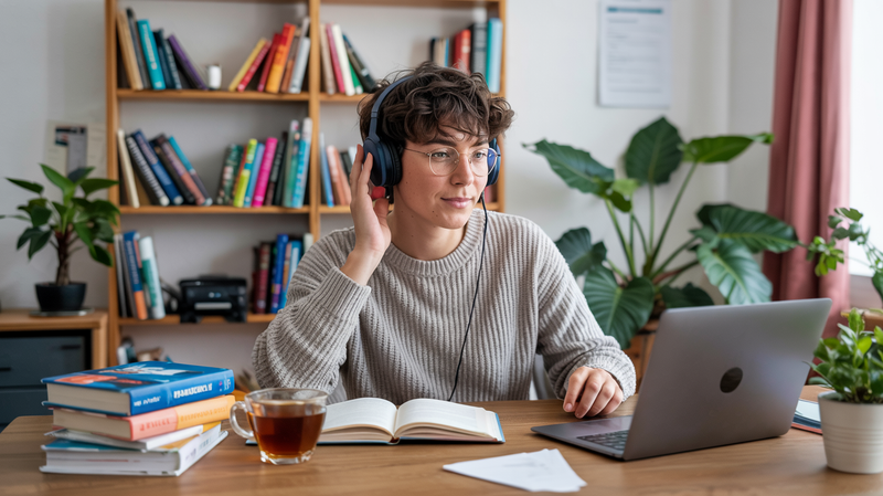 Medizinische Auszubildende jongliert symbolisch mit Uhr, Büchern und Freizeitaktivitäten